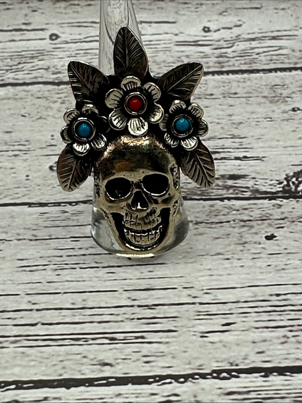 Silver-Tone Skull Ring with Red & Turquoise Floral Accents